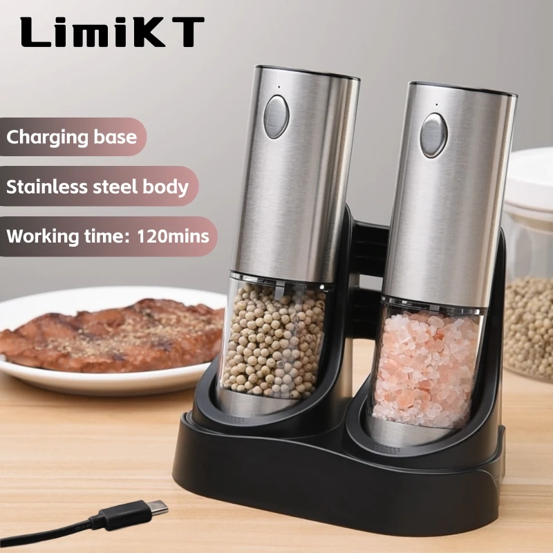 LimiKT Electric Pepper Grinder Sea Salt Grinder Cereal Seasoning Grinder Stainless Steel TypeC Charging Model with Base