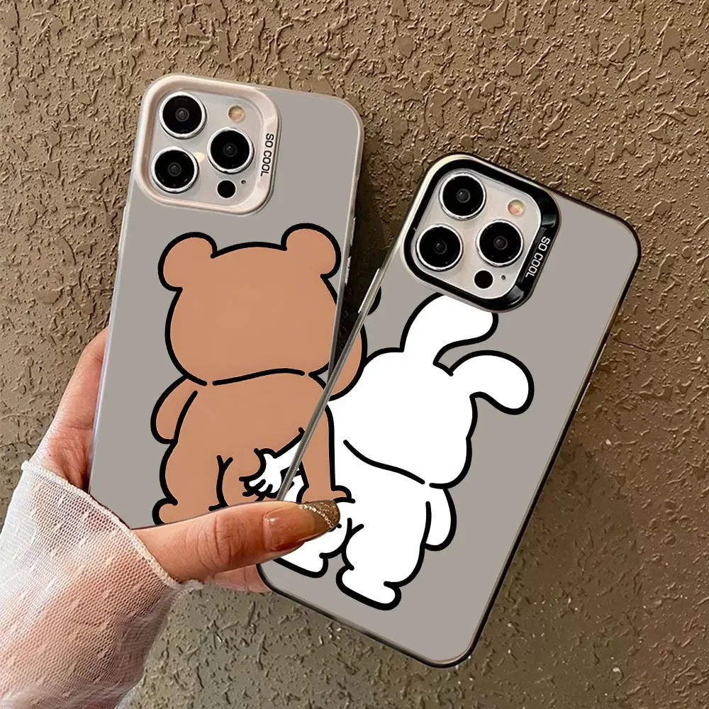 Cartoon Pinch Butt Bear Rabbit Plating Silver Couple Phone Case for IPhone 16 15 14 13 12 11 Pro Max 7 8 Plus SE2 X XS Max Cover