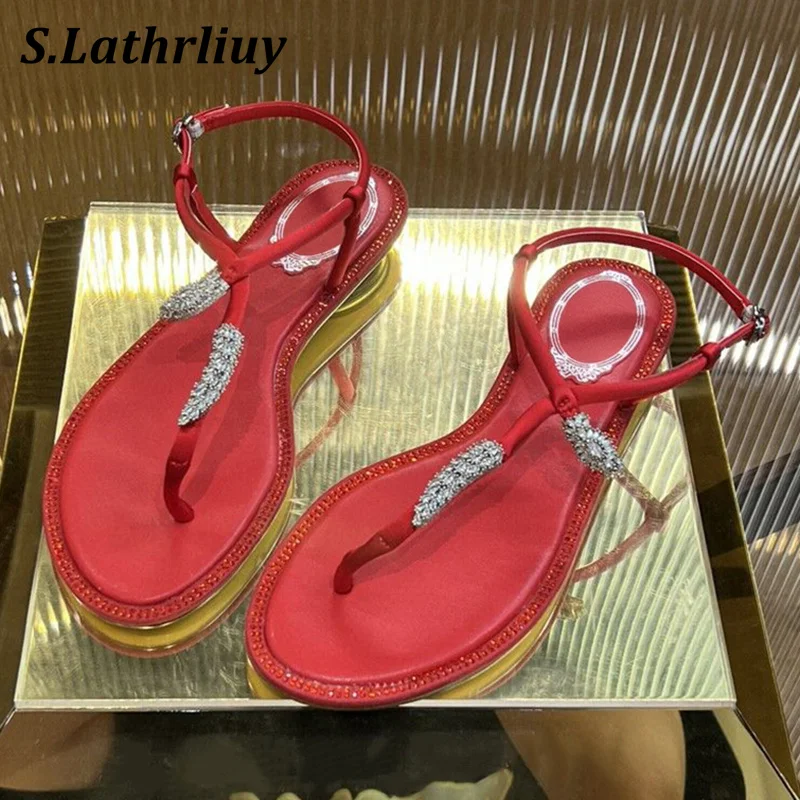 

2024 Summer Split Toe Rome Sandals Shiny Rhinestone Buckle Strap Flat Sandalias Women's Flip-Flops Outdoor Vacation Beach Shoes