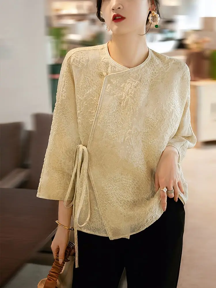 2024 chinese style improved women cheongsam blouse diagonal placket chinese top gold thread long sleeves coat autumn blouse