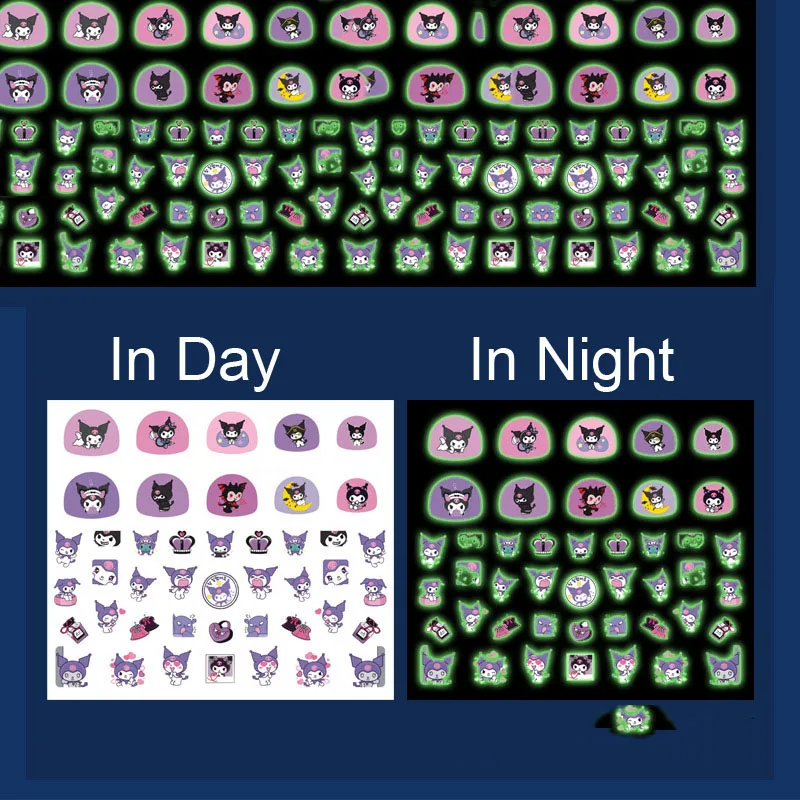 5 ชิ้น/เซ็ตเด็กการ์ตูนส่องสว่างสติกเกอร์เล็บ Hello Kitty Melody Kuromi Glow In The Dark กาว Slider เล็บ Decals