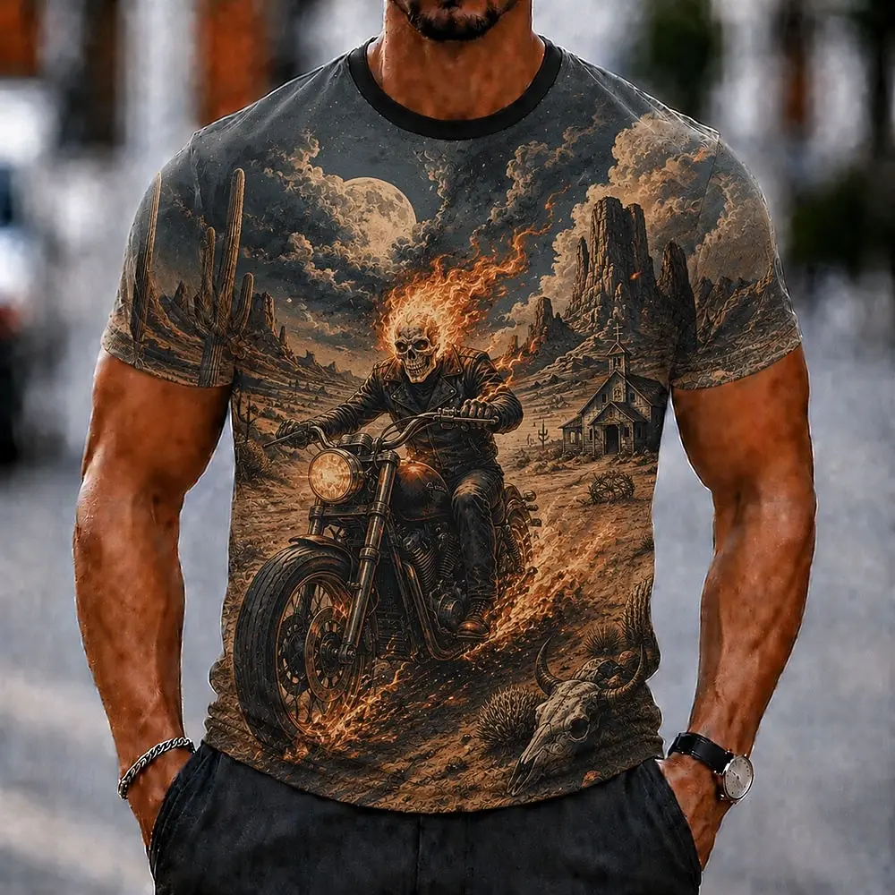 Men's Flame Skeleton Riding Motorcycle Pattern Short Sleeve T-Shirts Fashion Daily T Shirt Casual Crew Neck Tops Summer Clothing