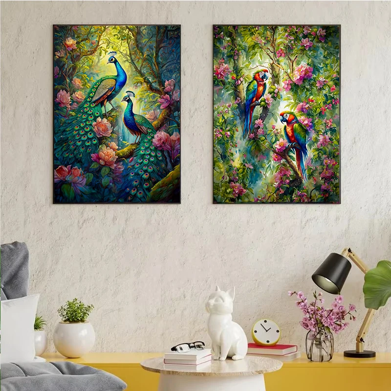 Peacock Toucan in Jungle Wall Art Canvas Painting Pictures for Living Room Home Decor Birds Fantasy Poster Prints Parrots