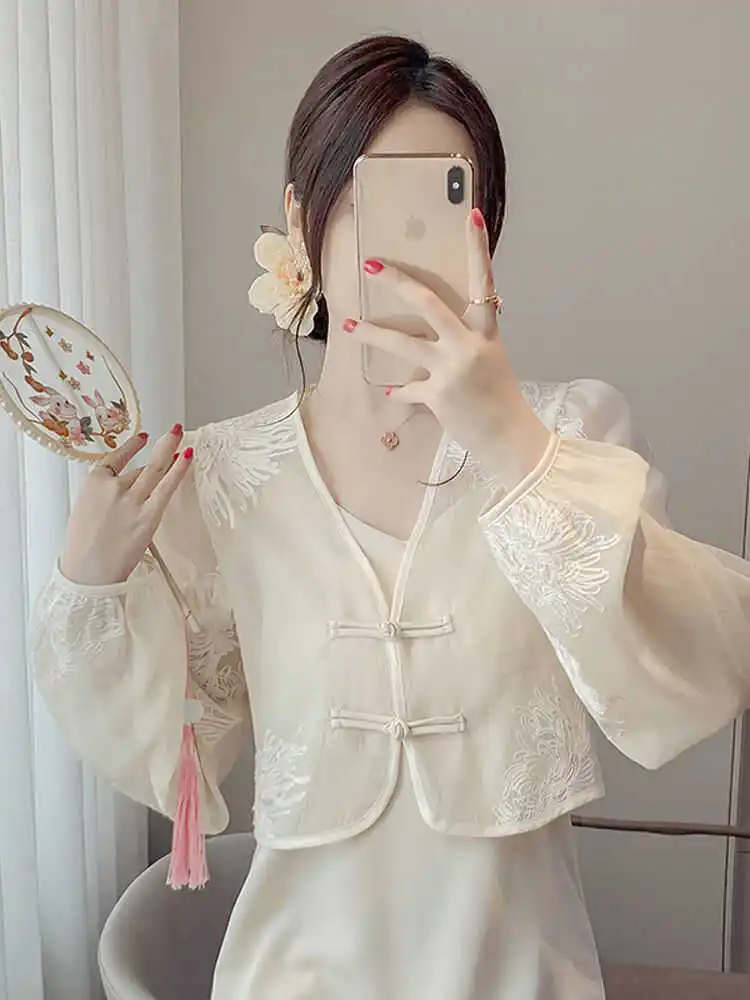 

New Chinese Style Summer Thin Chiffon Sun Protection Shirt Women's Outerwear Cardigan Short Outer Jacket for Dresses