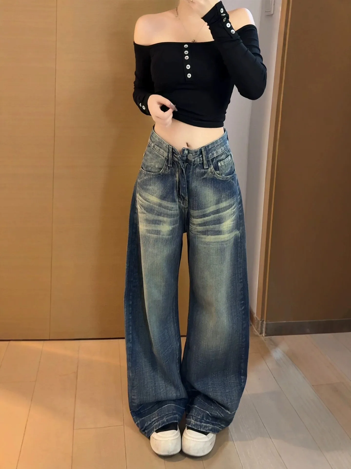 plus Size American Retro  Wide Leg Jeans Women Straight Washed Loose Versatile Slimming Casual Long Trousers