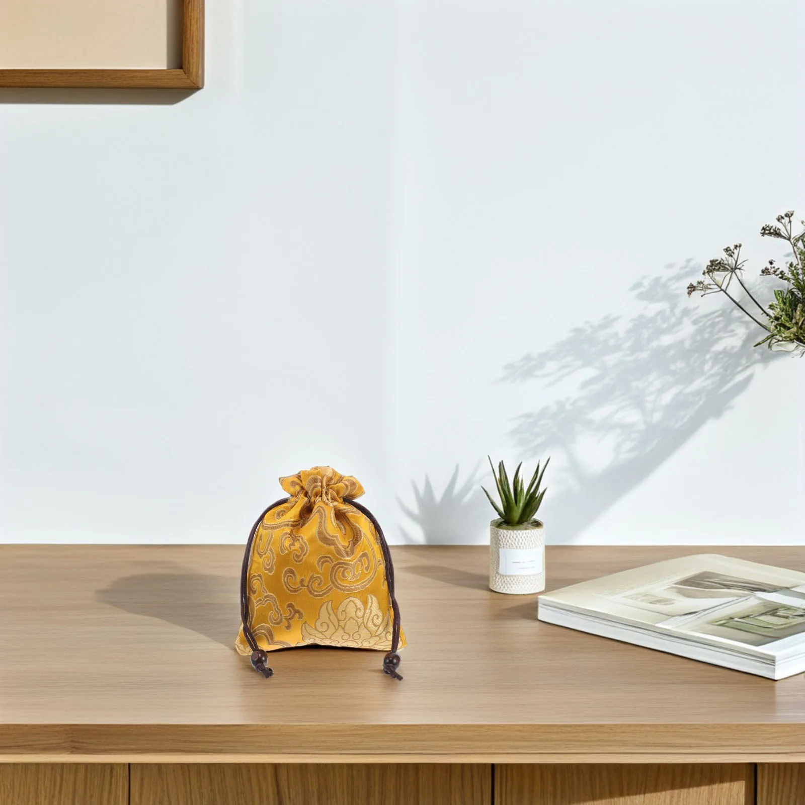 

Tibetan Brocade Singing Bowl 13X16Cm Golden Yellow Embroidered Drawstring Durable Fabric Storage For Coins Jewelry Travel