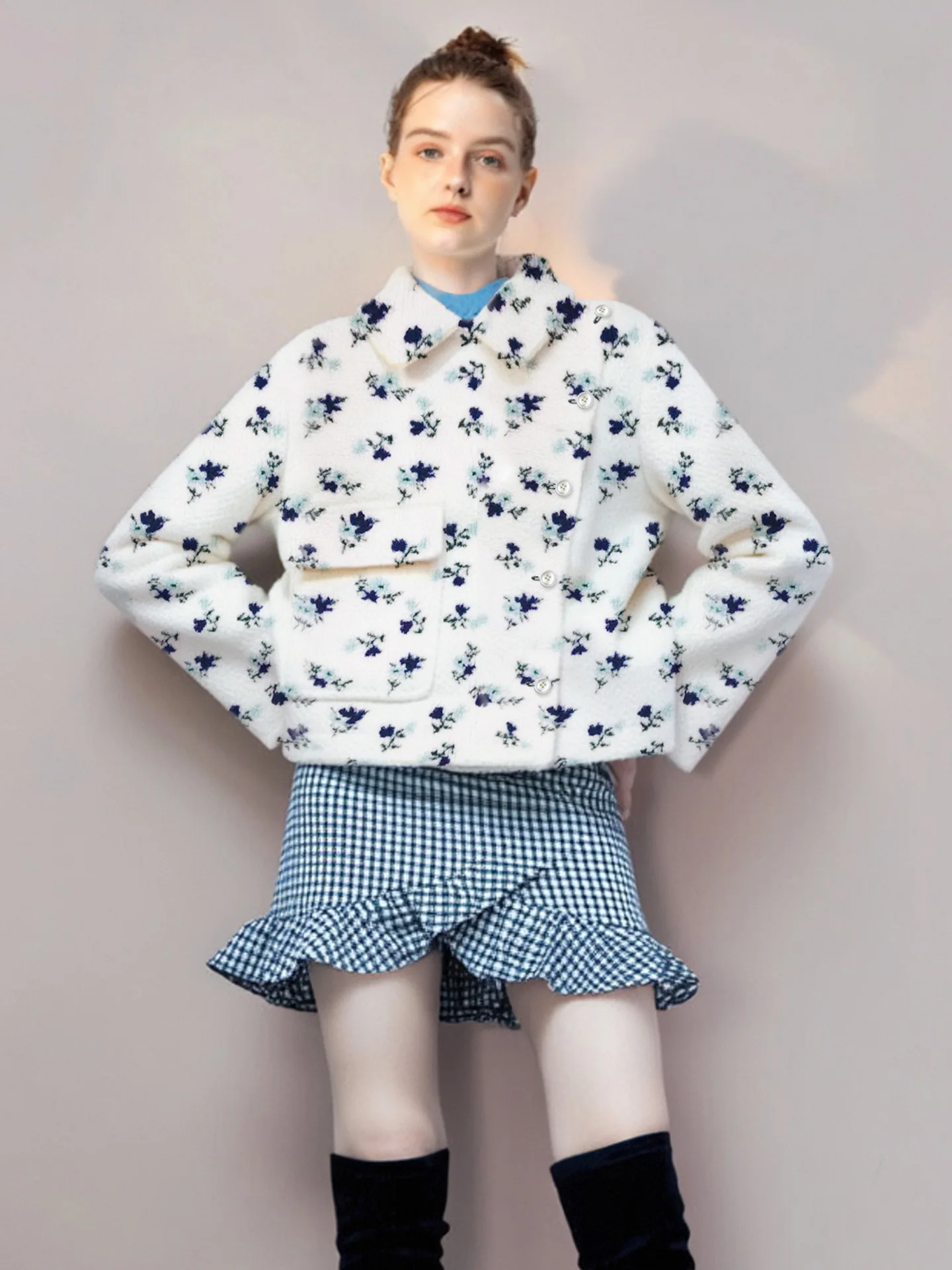 

Осень-зима 2025 г., пальто из меха ягненка, повседневная теплая шерстяная верхняя одежда с цветочным принтом, женская модная повседневная одинарная одежда для поездок на работу...