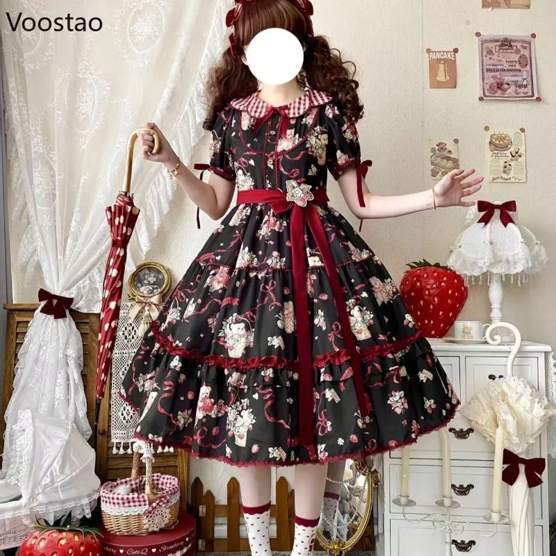 Sukienka w stylu wiktoriańskim, słodka, elegancka Lolita, damska, kawaii, urocza, z nadrukiem misia z kreskówki, falbankami, kokardą, sukienka księżniczki, vintage, na wieczorne przyjęcie.