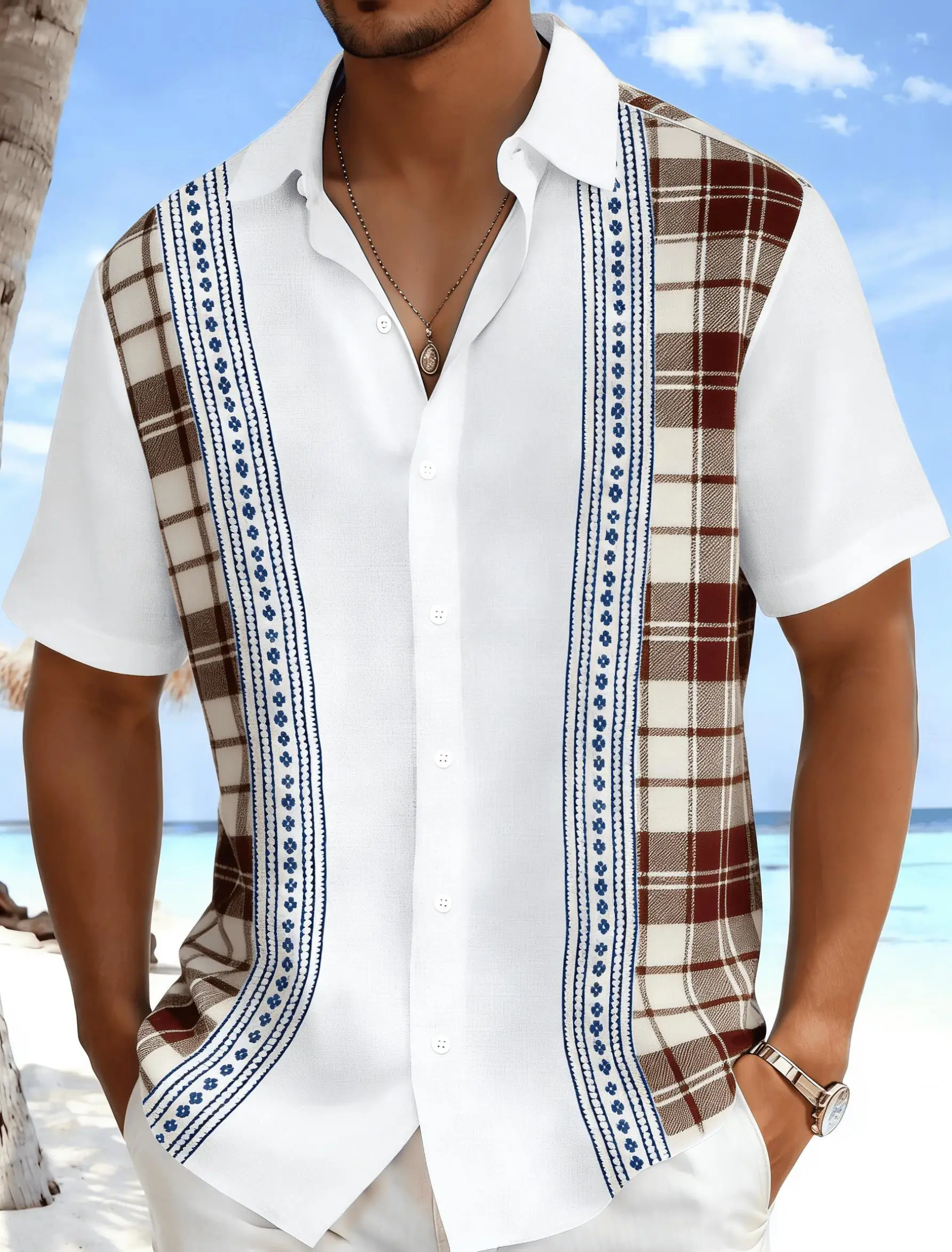 Men's Plaid Splice Short Sleeve Shirt, Spring Summer Fresh Vacation Casual Top, Pocket Lapel Style