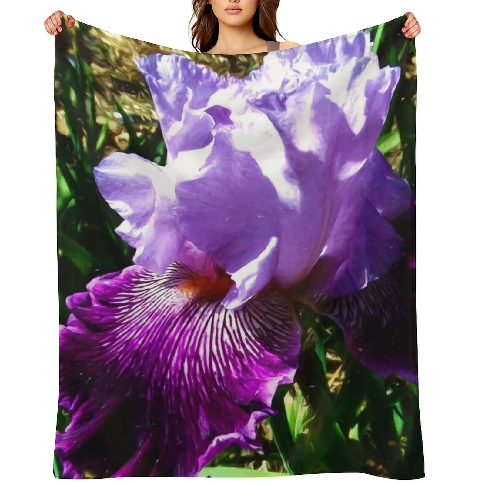 Painterly Blue & Purple Bearded Iris 4794 Throw Blanket Bed linens Bed covers Flannel Plaid Blankets
