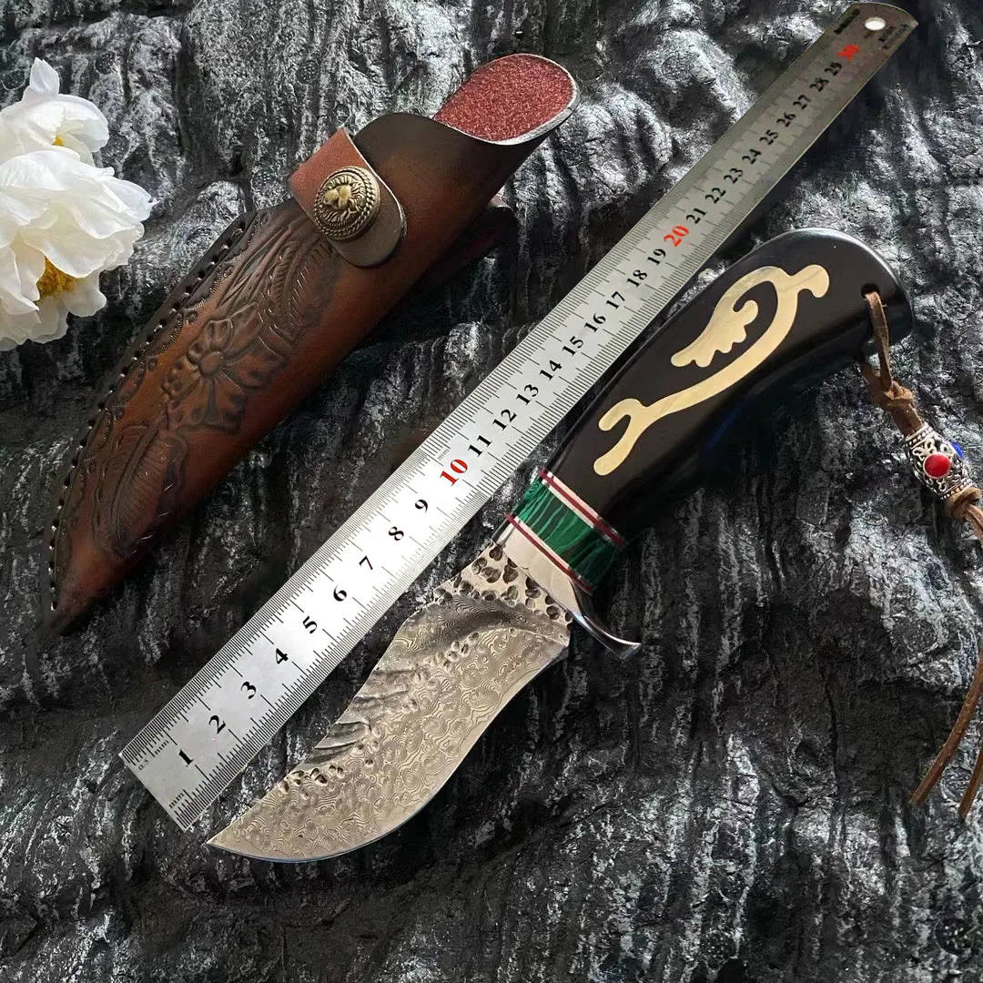 

Damascus Steel Hunting Knife Fixed Blade Ebony Handle Camping Knife Outdoor Survival Self Defense Hand Tools With Leather Case