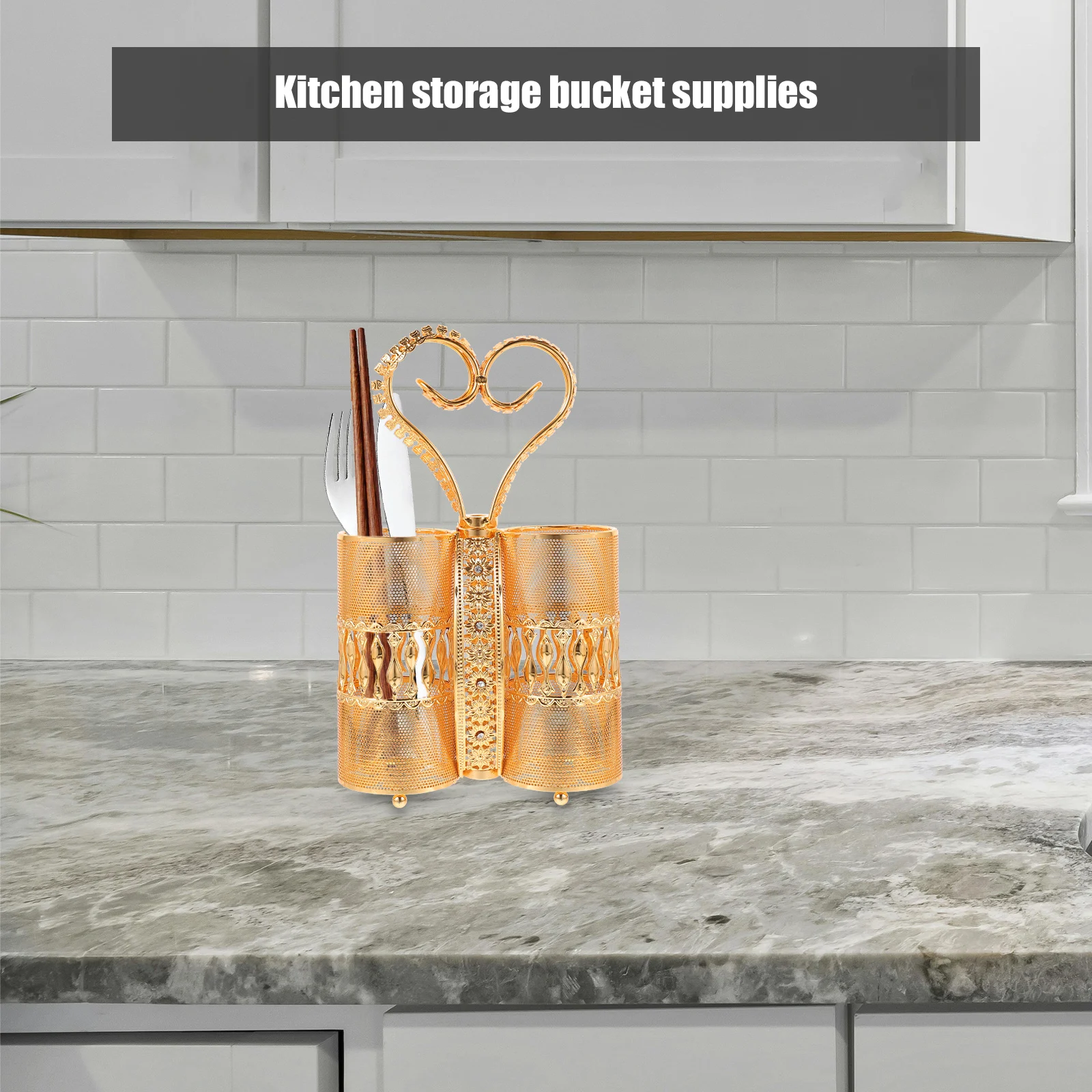 

Cutlery Storage Rack Gold Iron Material Kitchen Counter Spoon Bucket Utensil Holder Chopstick Draining Organizer Elegant Hollow