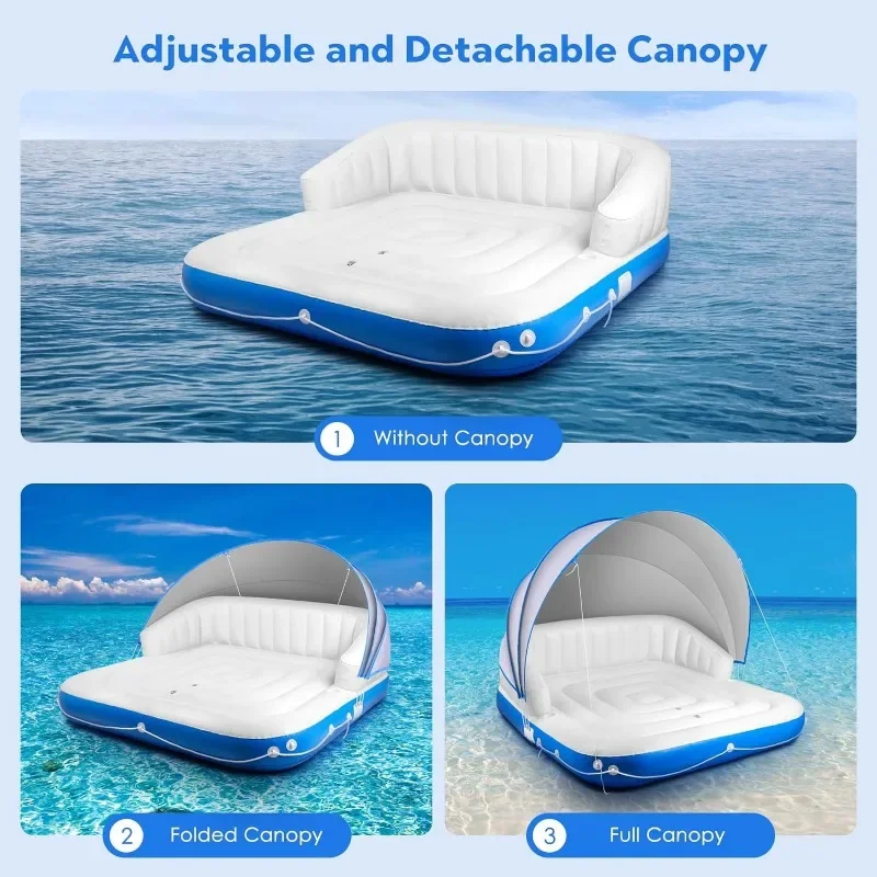 Floating Island with Canopy, Heavy Duty Inflatable Water Lounger Raft with 2 Cup Holders for Adults Lake Pool，Outdoor Furniture