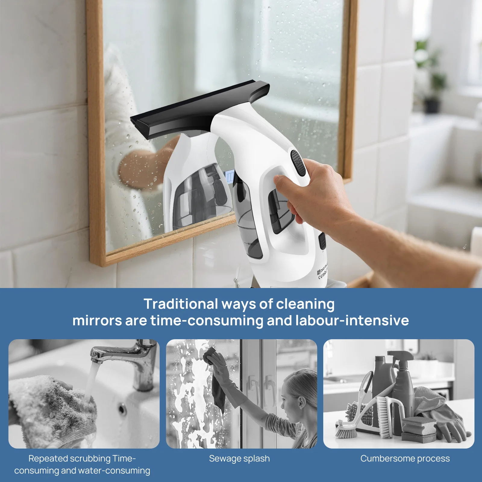 Cordless Window Vacuum Cleaner Electric Glass Squeegee with 300ml Spray Bottle for Windows Mirrors Shower Doors Cleaning