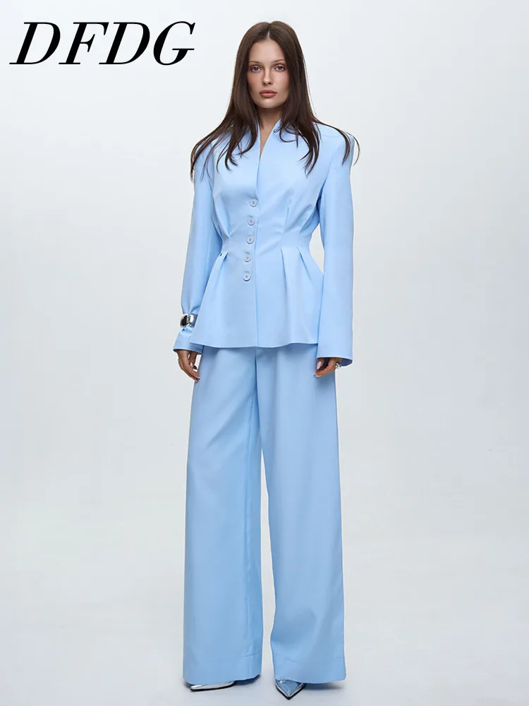 

DFDG Women's 2026 Summer Two Piece Set Stand Collar Single Peplum Blazer High Waist Wide Leg Pants Suit Office Business Work Set
