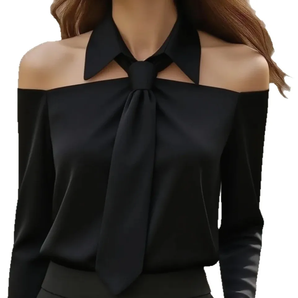Women Blouse Top Tie Turn Down Collar Off Shoulder Solid Color Blouses Formal Tops Workwear Shirt Spring Autumn Office Lady - Image 5