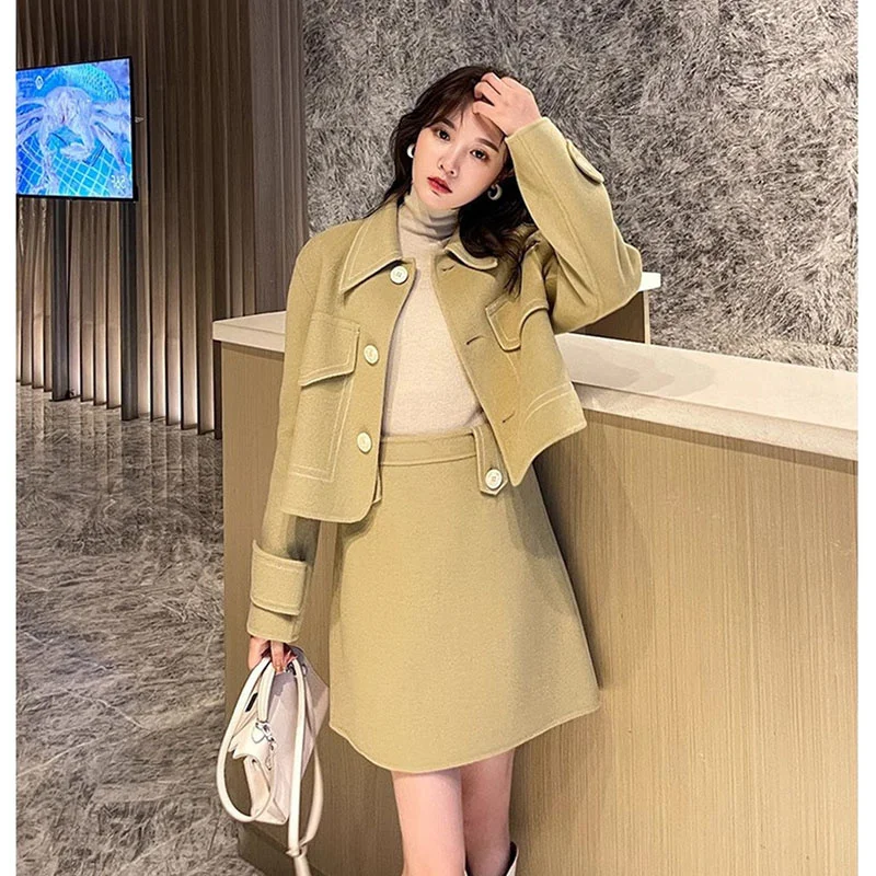 

Women Skirts Sets 2026 New Spring Autumn High End Casual Short Coat Jacket + Elastic High Waist Skirts 2PCS Streewear Style Suit