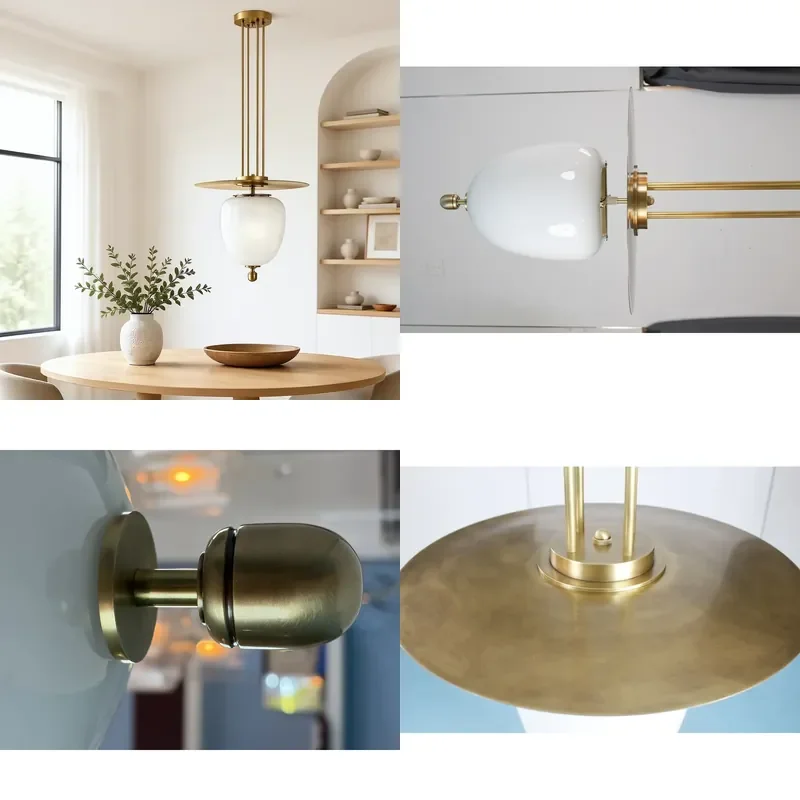 for Hand Blown Glass Chandelier Clear and Opal Lampshade Vertical Multi Rod Brass Frame Layered Disc Design