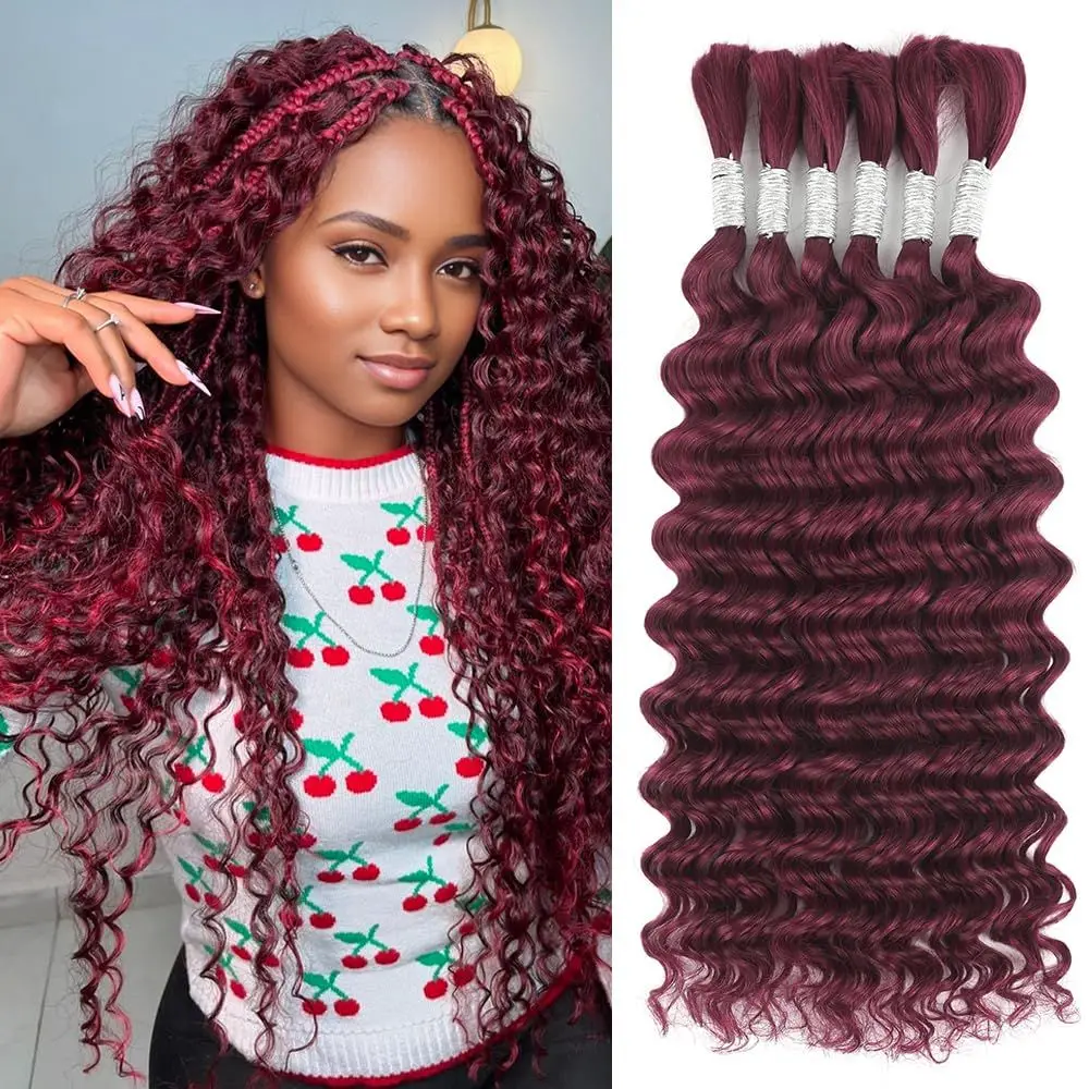 

99j Burgundy Human Hair Bulk For Braiding 16-24Inch Colored Dark Wine Deep Wave Curly Boho Braids Human Hair Extensions Weaving