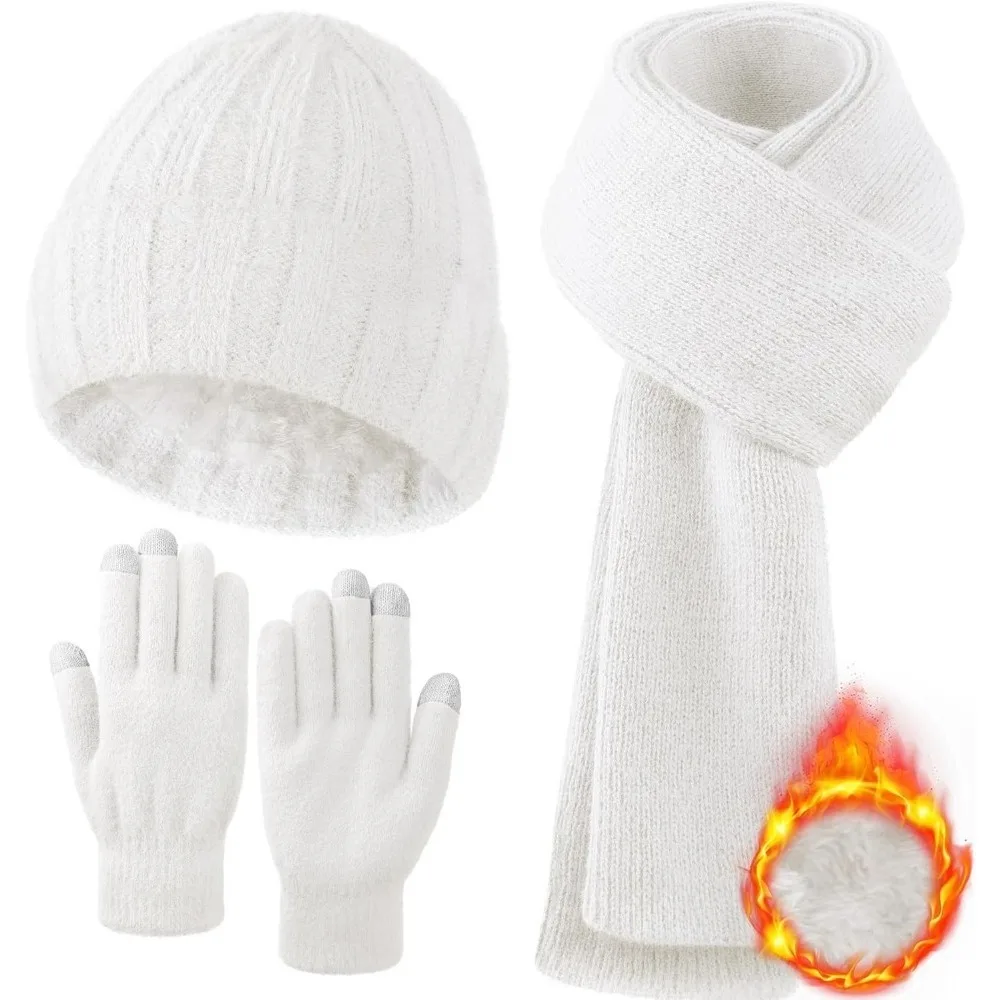 الشتاء قبعة قبعة وشاح قفازات، الدافئة الصوف متماسكة قبعة وشاح طويل الرقبة أدفأ شاشة تعمل باللمس قفازات الشتاء مجموعة هدايا للنساء