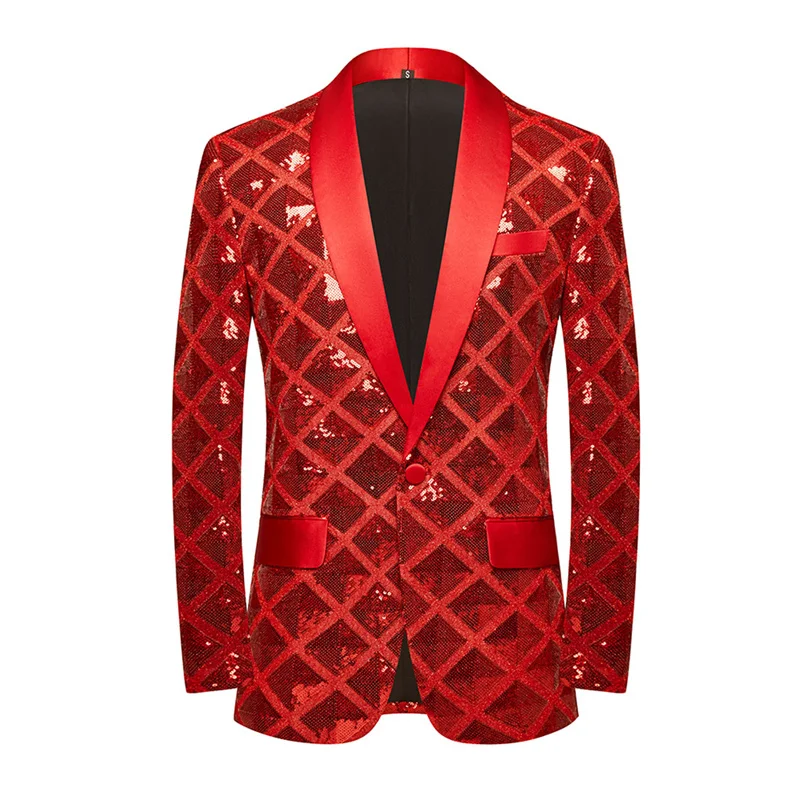 New Men Checkered Sequin Suit Jacket Blue / Red / Pink Fashion Male Luxury Dance Party Blazer Coats