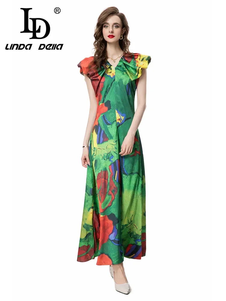 

LD LINDA DELLA 2024 Summer Italian Elegant Luxury Dress Women's Bohemian Print Butterfly Sleeve Lace Up Backless Elegant Dresses