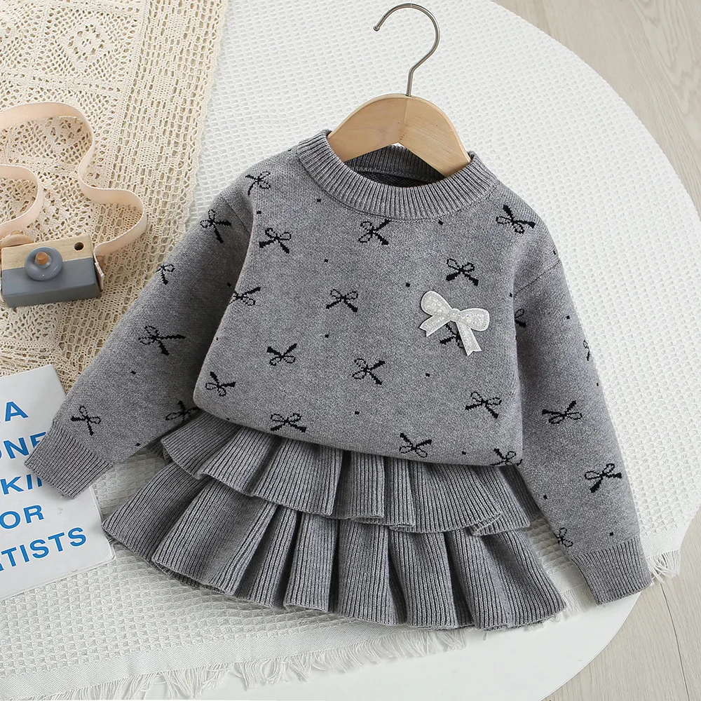 

2025 New Autumn Children's Knitted Clothes Sets 9M-5T Sweet Bow Girls Knit Sweater And Cake skirt Korean Loose Kid's Cloth 2PCS
