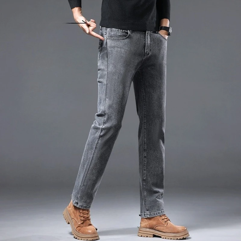 الخريف الشتاء أسود رمادي سميكة الجينز رجال الأعمال سليم صالح مستقيم سراويل تقليدية بنطلون عالية الجودة الرجال السراويل الطويلة #3