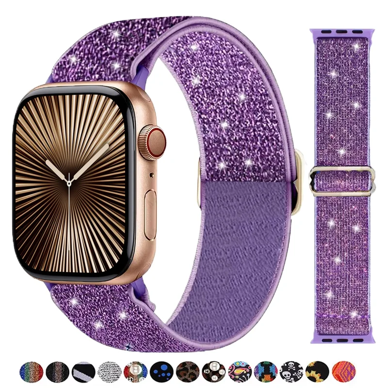 Bohemian Nylon Strap for Apple Watch ultra 2 49mm 41mm 45mm 46/40/44mm Elastic Shiny Bracelet iWatch Series 10/9/8/7 6 5 Se Band