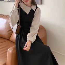 Contrast Color Office Dress Women Spring Summer High Waist Maxi Vestidos Korean Slimming Temperament Puff Sleeve Long Dress 원피스