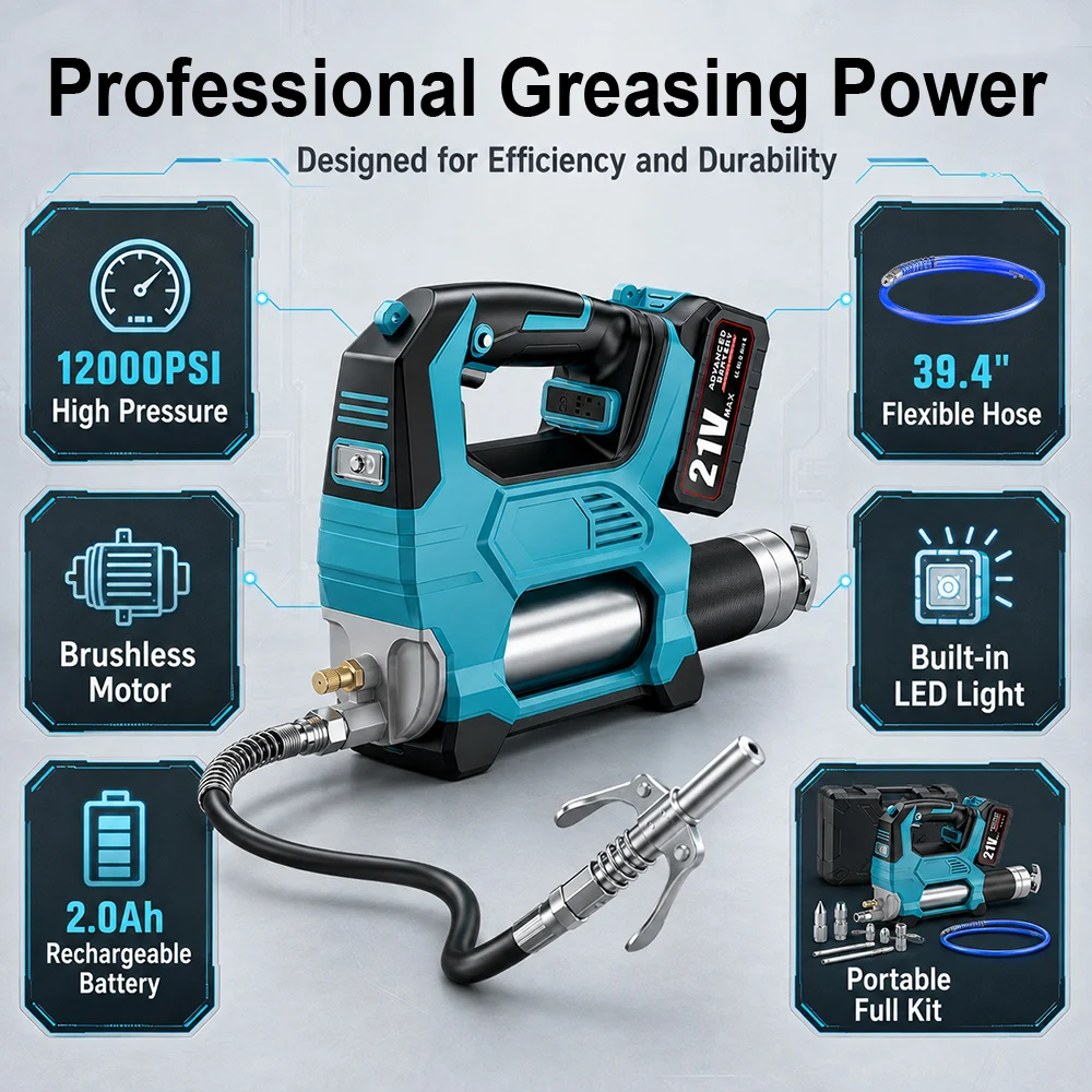 Cordless Brushless High Pressure Greasing Machine Electric Grease Gun Kit with 39.4‑Inch Flexible Hose and LED Working Light