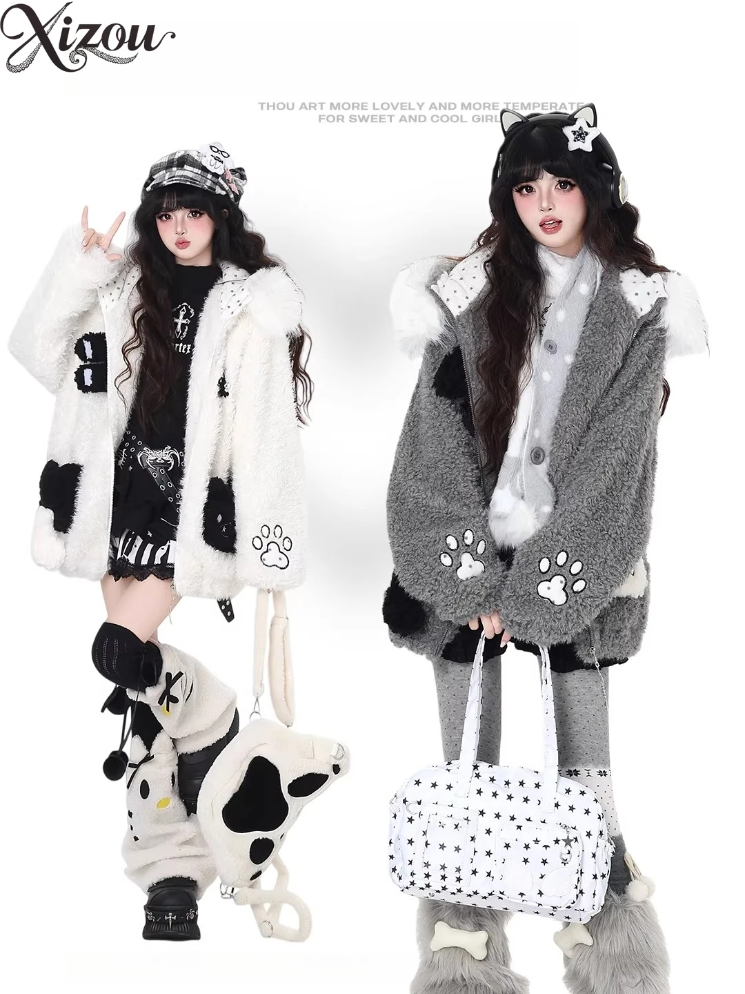 

Cat Eats 2025 Winter Hooded Jacket Japanese Y2k Sweet Kawaii Paw Cartoon Lamb Fleece-Lined Thickened Loose Warm Furry Women