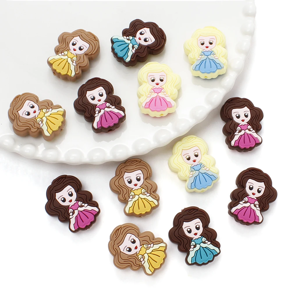 23X30mm 5Pcs Cartoon Fairy Tale Princess Silicone Beads Natural Dummy Clip DIY Baby Pacifier Chain Teether Accessories BPA Free