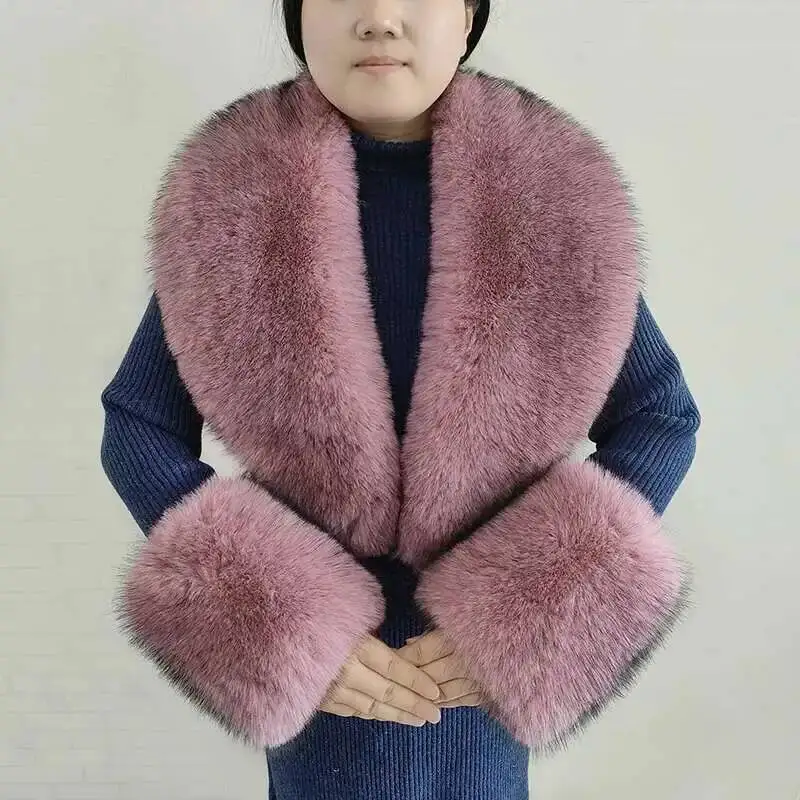 Female Faux Fur Shawl Winter Warm Fashion Luxury Men Coat Fur Collar And Cuff Set Natural Neck Warmer Wrap Scarves For Ladies