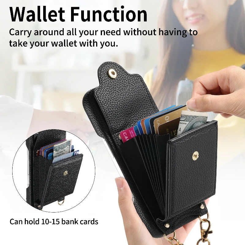 Vertical Flip Card Wallet Case For iPhone 16 15 Pro Max 14 Plus 13 Mini 12 11 SE XR Xs Max 6 7 8 With Mirror and Shoulder Strap