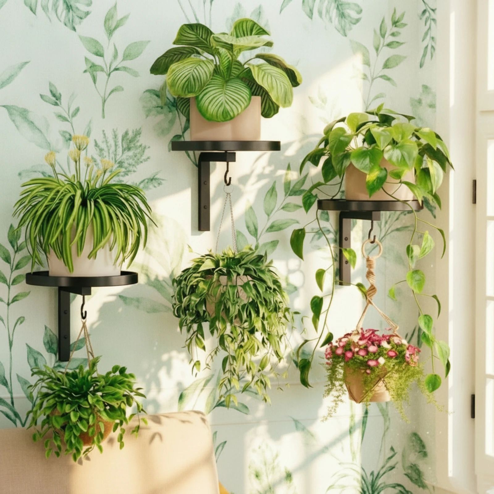 3 Pieces Wall Plant Shelf with Hook Metal Plant Shelf with Hooks Space-Saving Easy to Install for Homeowners, Living Room