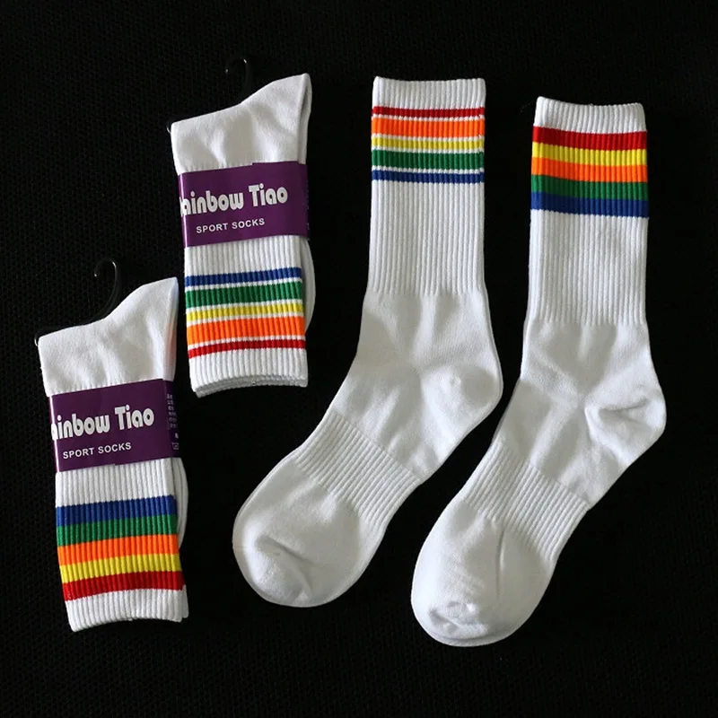 

Men's Street Dance Skateboarding Mid-length Rainbow-striped Cotton Socks Pure White Breathable Trendy Fitted Korean-style