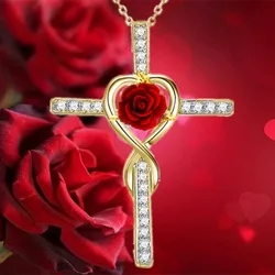 Fashion Cross Infinite Rose Necklace Cross Pendant Engagement Necklaces for Women Wedding Jewelry Birthday Anniversary Gift