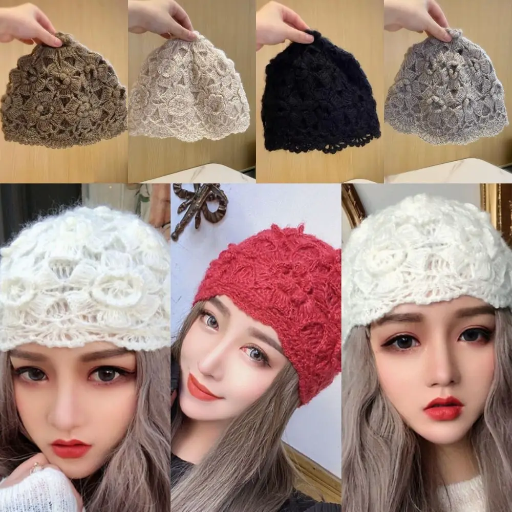 Fashion Double-layer Hooked Flower Toe Cap Retro Breathable Woolen Hat Gauze Towel Handmade Knitted Hat Hair