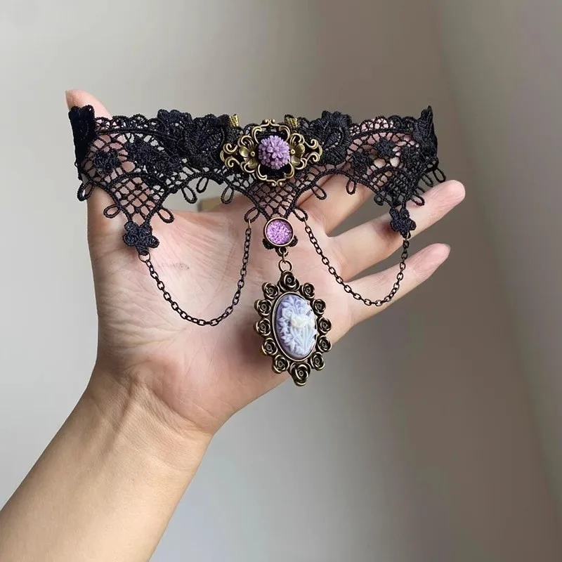 Cosplay Lolita Black Lace Choker Necklace for Women Trendy Neck Chain Collarbone Necklaces Punk Gothic Jewelry for Girl Vintage view 3