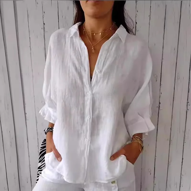 Summer Casual Cotton Linen Button Shirt Women Fashion Loose Solid Lapel Cotton Office Linen Shirt Women Top Retro 2025 White