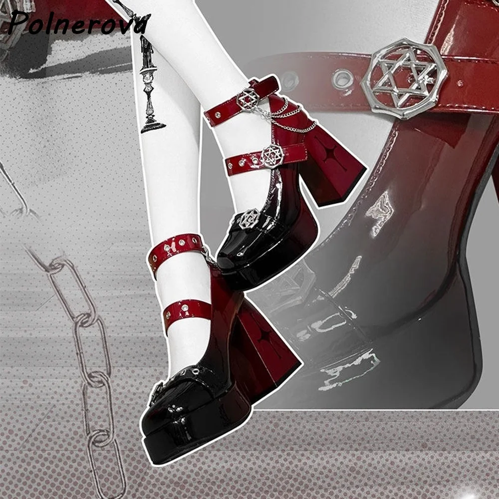 

Metal Chain Gradient Pumps Hollow Cross Heels Platform Ankle Band Dark Punk Shallow Pumps Women's Chic Square Toe Dress Shoes