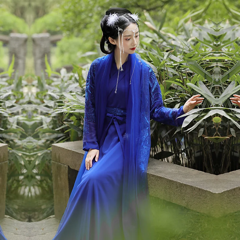 Royal Blue Hanfu Elegant Embroidery Ancient Costume Chinese Style Women Lace Cardigan Lapel Collar Dress For Party Prom Dance