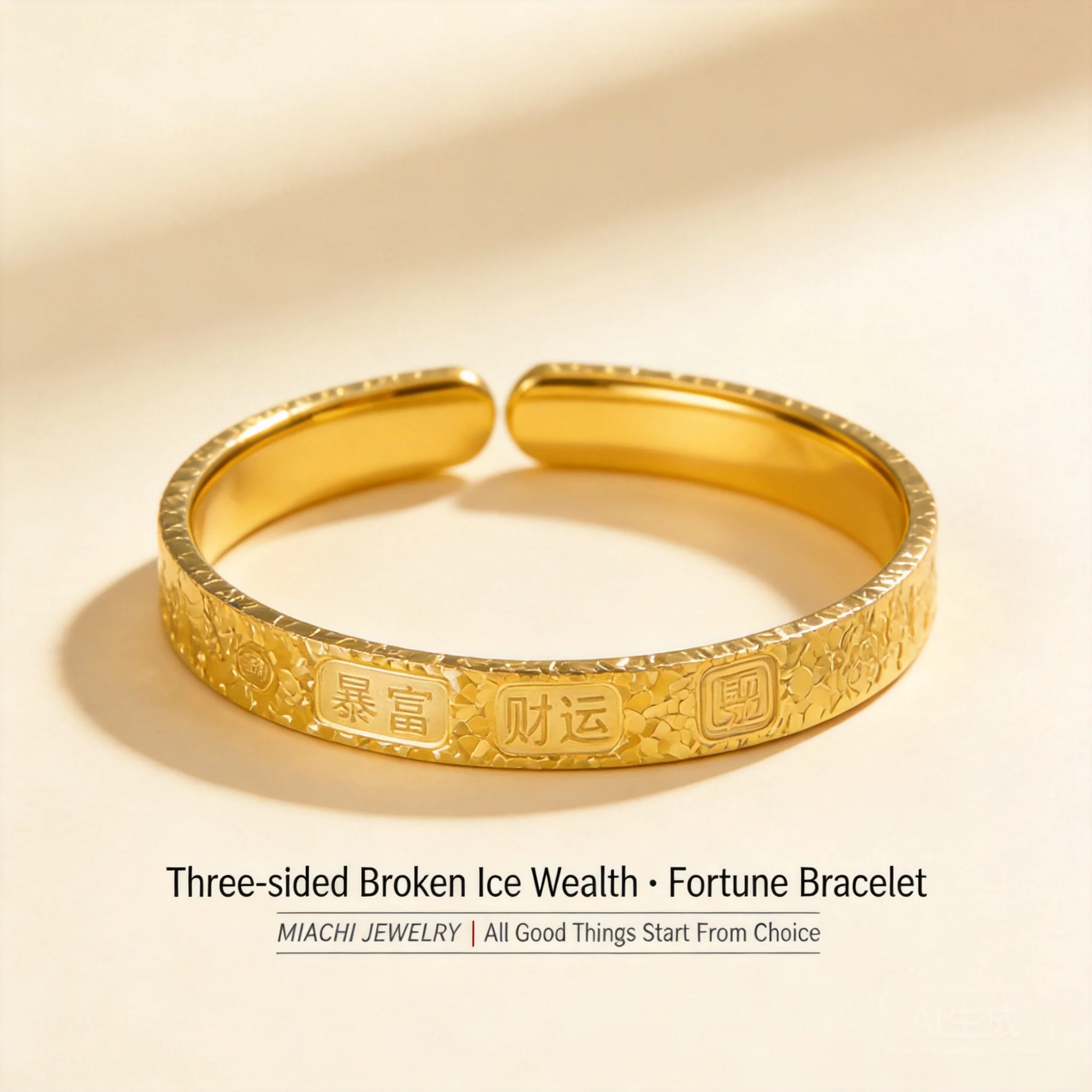 

Chinese Style Feng Shui Lucky Wealth Blessing Open Bangle Triple Side Hammered Ice Texture Shiny Gold Fade Resistant Cuff Bracel