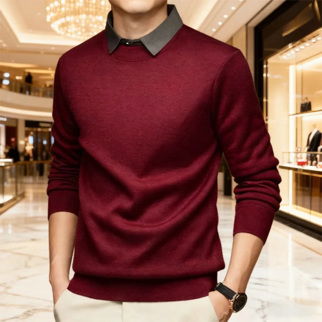 Мужской вязаный свитер с воротником рубашки — двухслойный дизайн с начесом на флисовой подкладке для делового повседневного использования (тяжеловес, зима Essential)