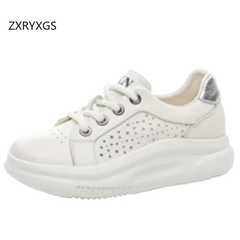 ZXRYXGS 2026 New Trendy Top Cowhide Leather Sneakers Thick Sole Increase Shoes Hollow Breathable Spell Colors Casual Sneakers