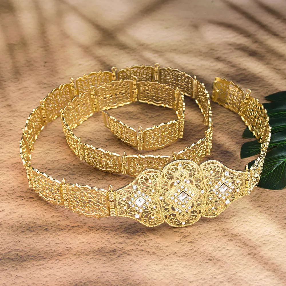 حزام قفطان نسائي عربي مغربي سلسلة خصر لحفلات الزفاف طول قابل للتعديل لون ذهبي إكسسوارات قصر أوروبا