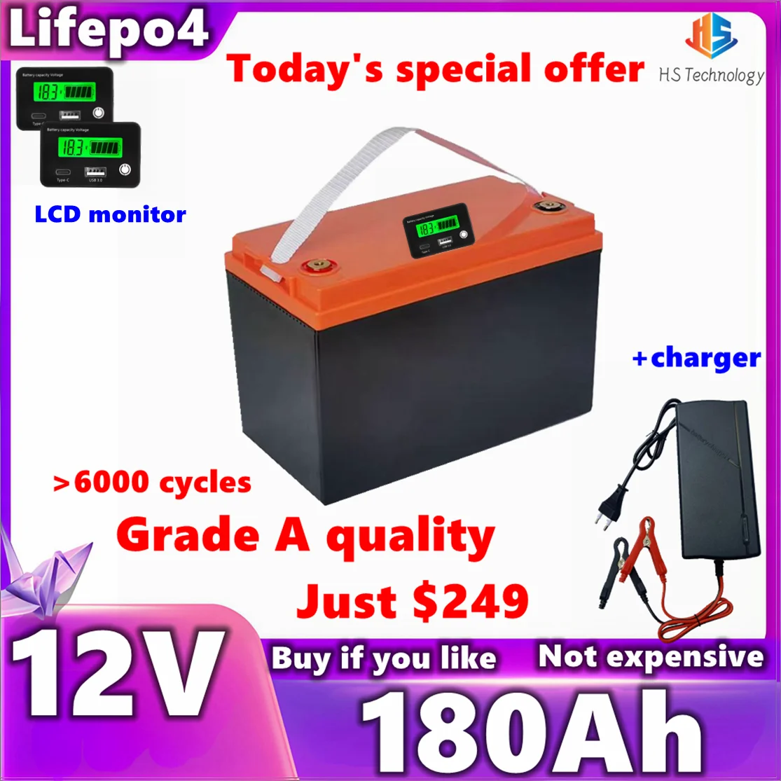 

12V 180AH LiFePO4 Battery 12.8V Lithium Batteries 6000 Cycles USB3.0 Output Touring car Solar Wind Golf cart Tax Free waterproof