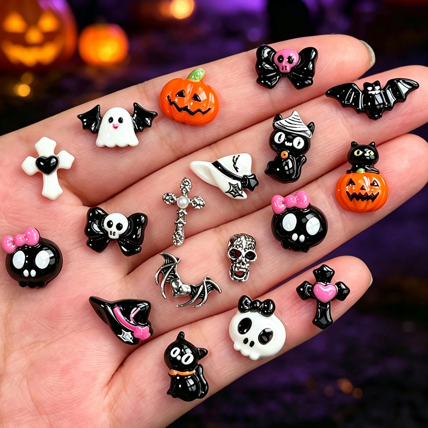 15Grid 3D Niedliche Halloween-Kürbis/Schädel/Geist/Kreuz Nagelsteine Schwarze Katze Schleife Fledermaus Nagel-Charms Harz Flache Rückseite Halloween Nageldekoration – Detail 6