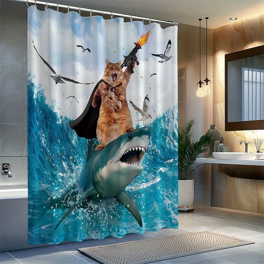 Large Novelty Cartoon Raccoon Shark Ocean Attack Print Shower Curtain Waterproof Bathroom Decor Art 180x180cm